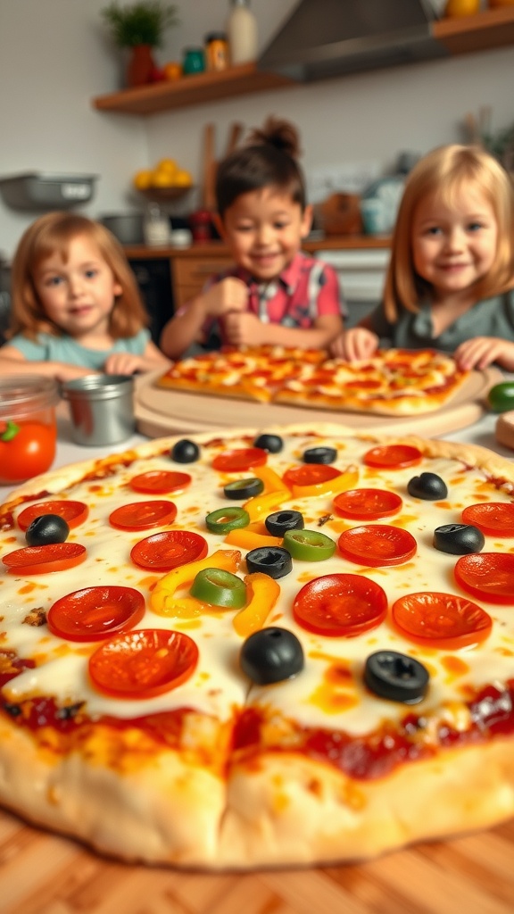 Fun and Easy Pizza for Kids to Make Homemade pizza with cheese, pepperoni, and vegetables on a cutting board, with kids in the background.